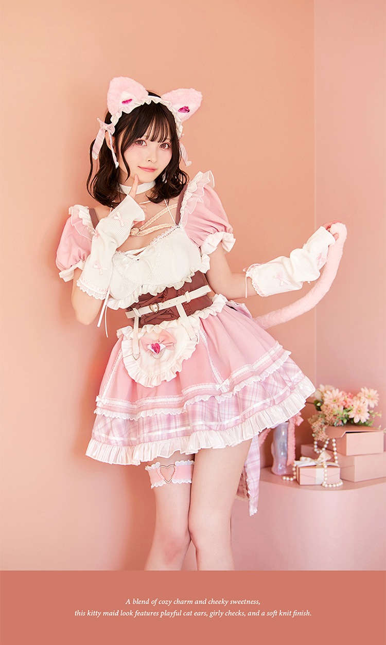 【即日発送】【すずらコラボ】ロージーチェック猫耳ニットメイド《ハロウィンコスプレ9点セット》【Malymoon/マリームーン】【CS25121】