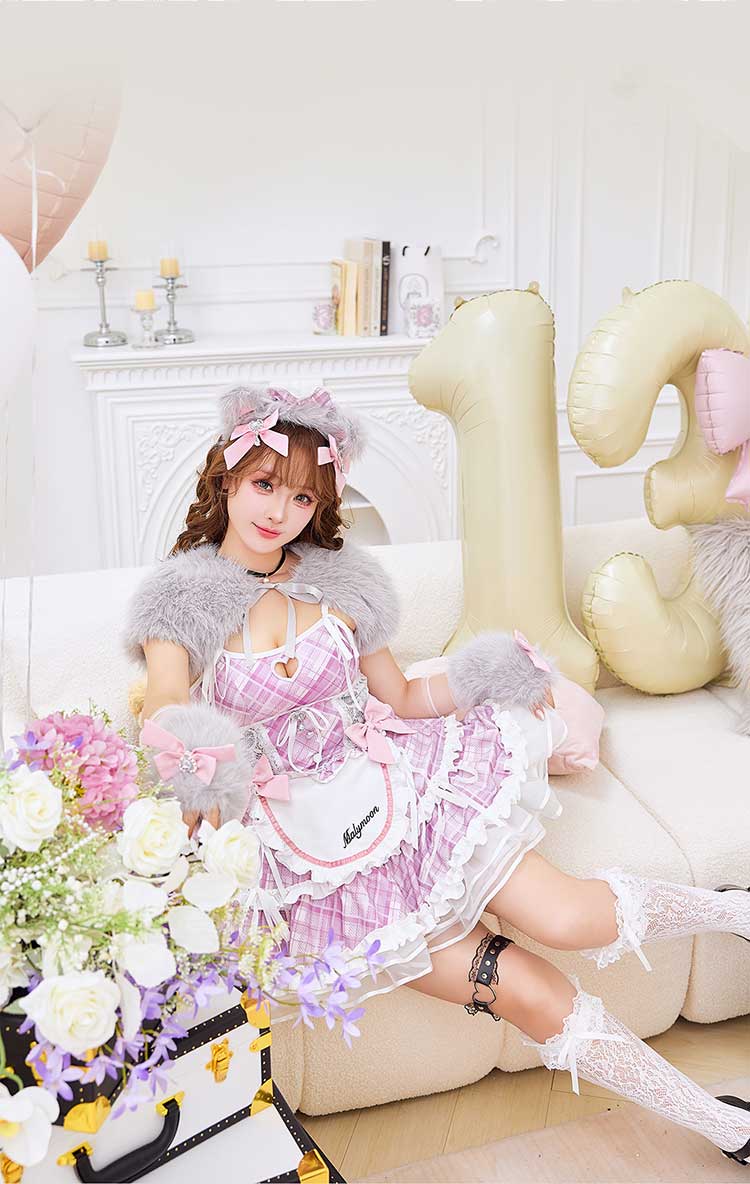 【予約-2月中旬頃より順次発送予定】ハニーベアチェックメイド《オリジナルコスプレ10点セット》【Malymoon/マリームーン】【CS25206】