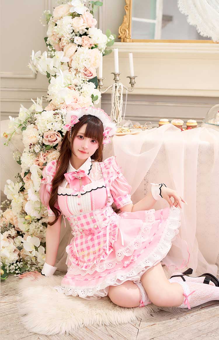 【予約-5月中旬頃より順次発送予定】【きゅるりんってしてみて着用】ラブポップギンガムキティメイド《オリジナルコスプレ11点セット》【Malymoon/マリームーン】【CS25224】