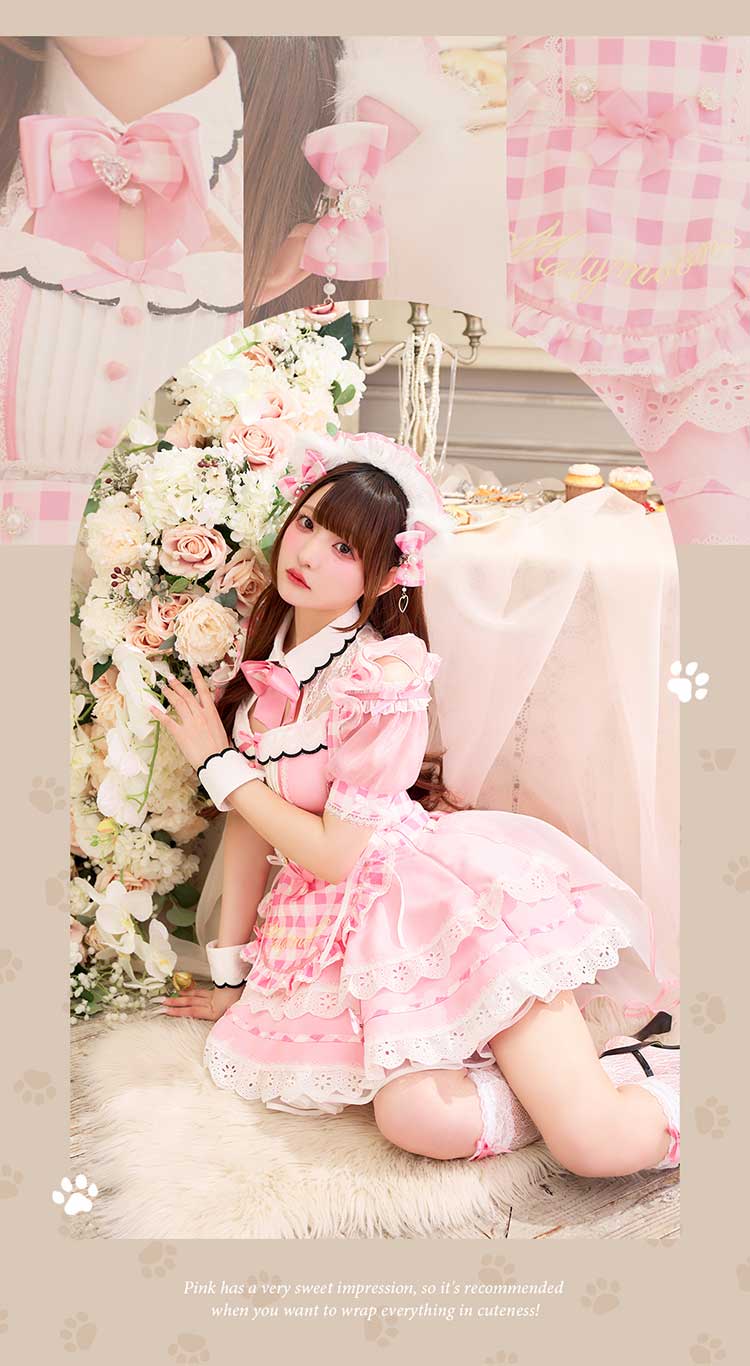 【予約-5月中旬頃より順次発送予定】【きゅるりんってしてみて着用】ラブポップギンガムキティメイド《オリジナルコスプレ11点セット》【Malymoon/マリームーン】【CS25224】