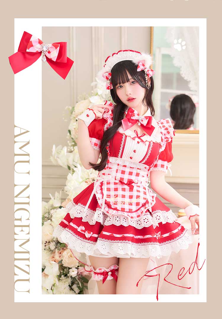 【予約-5月中旬頃より順次発送予定】【きゅるりんってしてみて着用】ラブポップギンガムキティメイド《オリジナルコスプレ11点セット》【Malymoon/マリームーン】【CS25224】