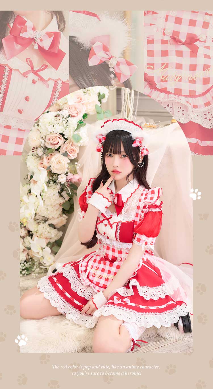 【予約-5月中旬頃より順次発送予定】【きゅるりんってしてみて着用】ラブポップギンガムキティメイド《オリジナルコスプレ11点セット》【Malymoon/マリームーン】【CS25224】