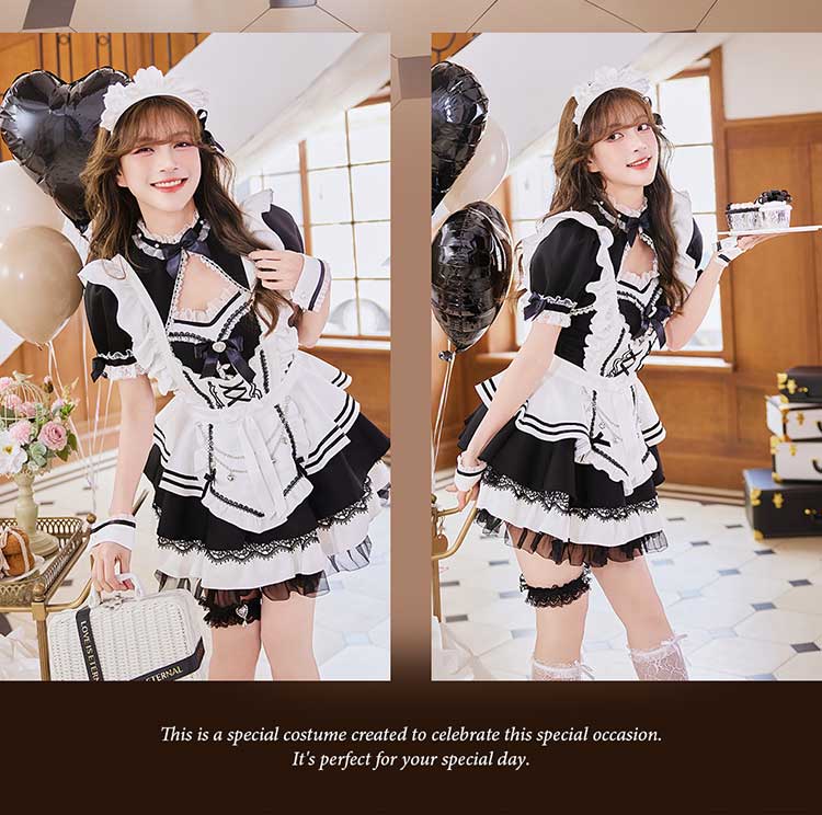 【即日発送】リボンドレープブラックメイド《オリジナルコスプレ10点セット》【Malymoon/マリームーン】【CS25183-2】