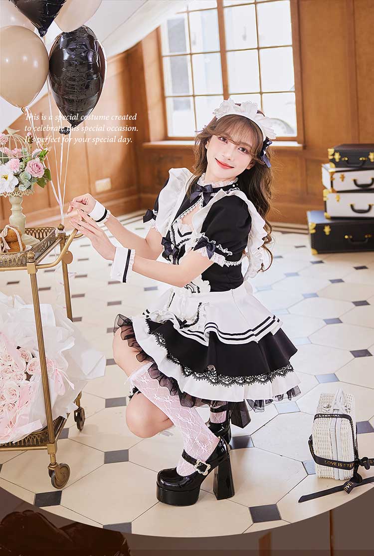 【即日発送】リボンドレープブラックメイド《オリジナルコスプレ10点セット》【Malymoon/マリームーン】【CS25183-2】