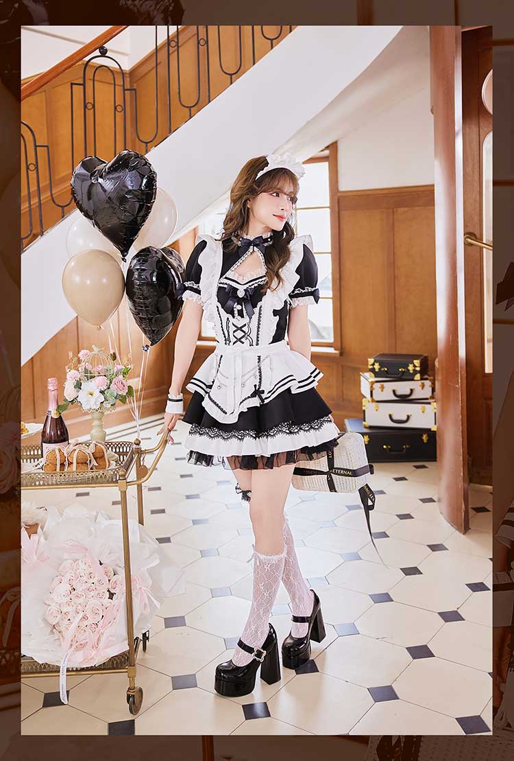 【即日発送】リボンドレープブラックメイド《オリジナルコスプレ10点セット》【Malymoon/マリームーン】【CS25183-2】