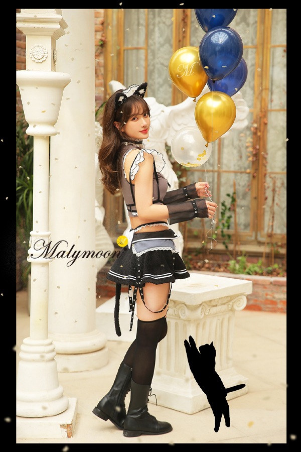 【即日発送】ジッパーキャットメイド《ハロウィンコスプレ7点セット》【Malymoon/マリームーン】【9537】