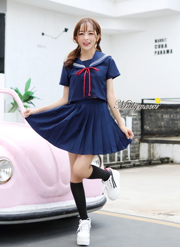 【odr】JK制服/半袖セーラー服女子高生(ネイビー)赤紐リボン《ハロウィンコスプレ3点セット》【Malymoon/マリームーン】【odr0809】