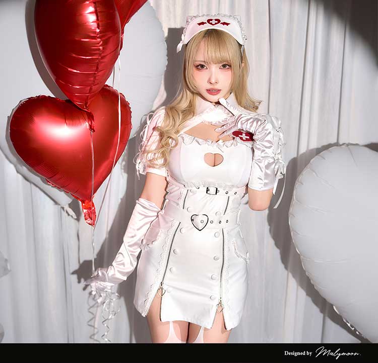 【ホワイトMLサイズは予約】ハートロックレザーヴァンパイアナース《オリジナルコスプレ8点セット》【Malymoon/マリームーン】【CS25225】