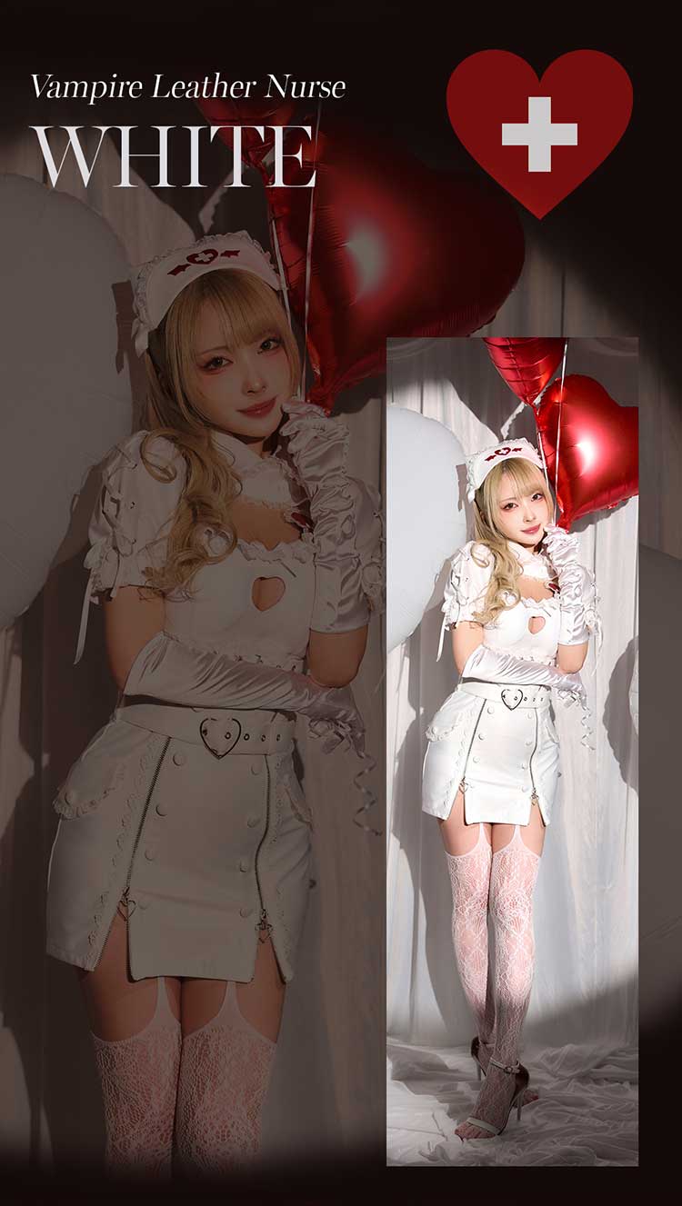 【ホワイトMLサイズは予約】ハートロックレザーヴァンパイアナース《オリジナルコスプレ8点セット》【Malymoon/マリームーン】【CS25225】