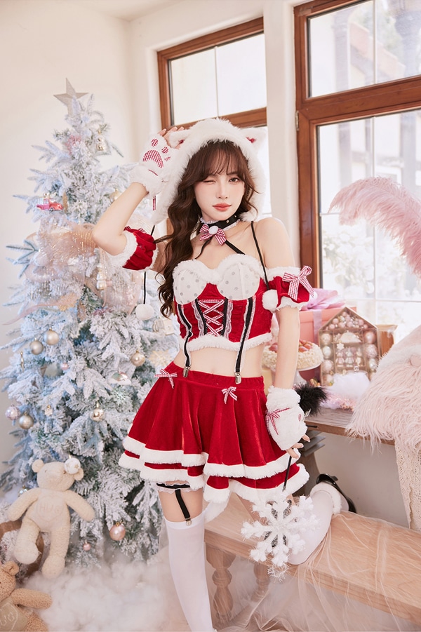 【1~3営業日で発送】デコルテクロスキャットサンタ《クリスマスコスプレ10点セット》【Malymoon/マリームーン】【s9692】