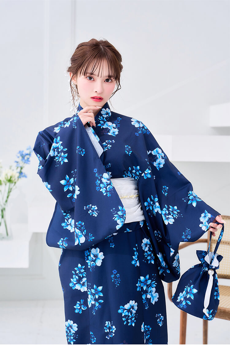 【即日発送】【藤咲凪着用】ネイビーコントラスト花柄2way浴衣《浴衣4点セット》【Malymoon/マリームーン】【YK2510318-s】