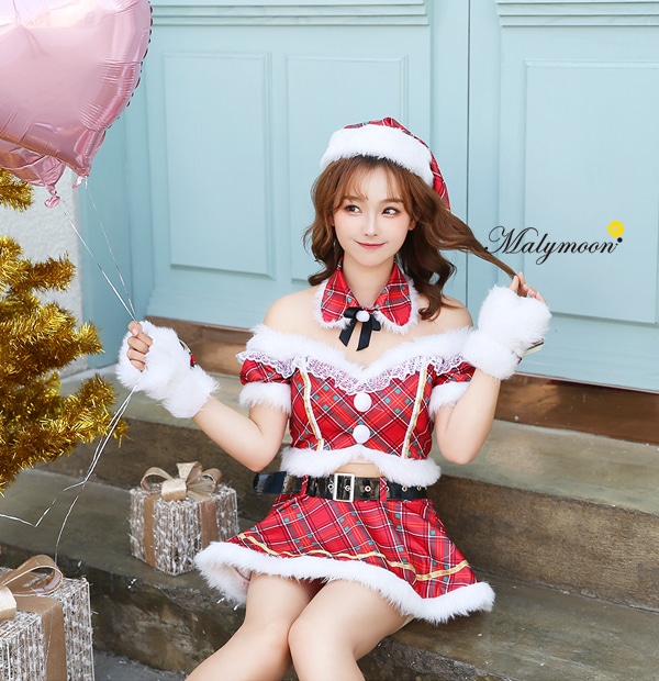 【1~3営業日で発送】オフショルチェック柄サンタクロース《クリスマスコスプレ7点セット》Malymoon/マリームーン【7552-2】