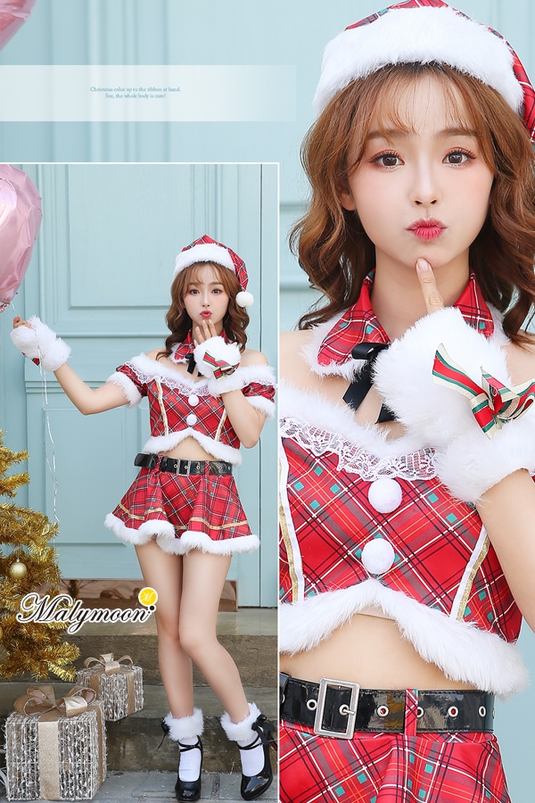 【1~3営業日で発送】オフショルチェック柄サンタクロース《クリスマスコスプレ7点セット》Malymoon/マリームーン【7552-2】