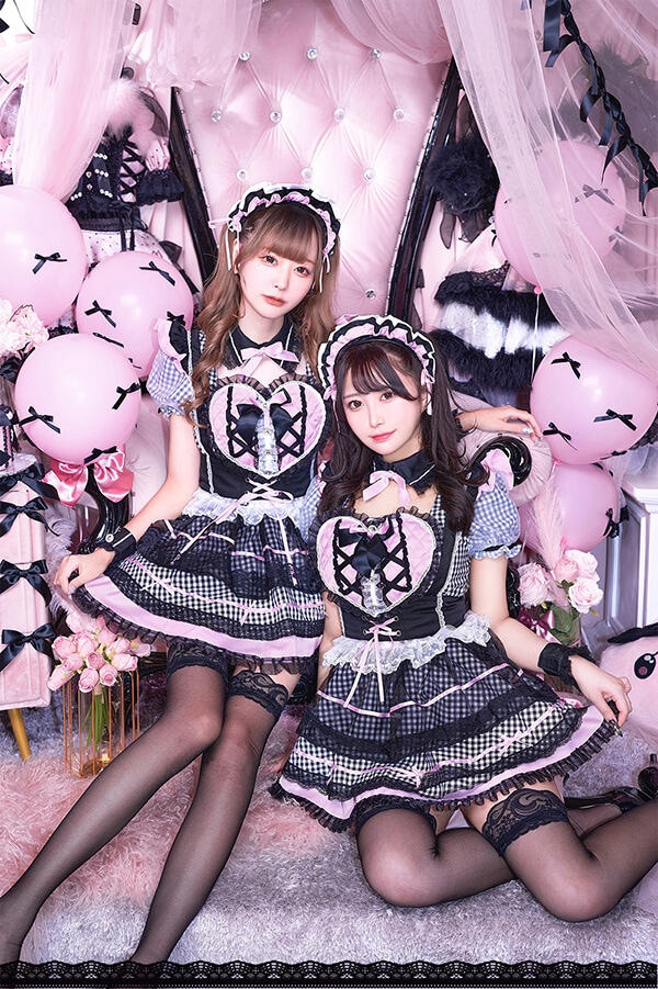 【即日発送】【舞々悪魔×Malymoon】スイートデビルギンガムハートメイドドレス《ハロウィンコスプレ6点セット》【Malymoon/マリームーン】【10018】
