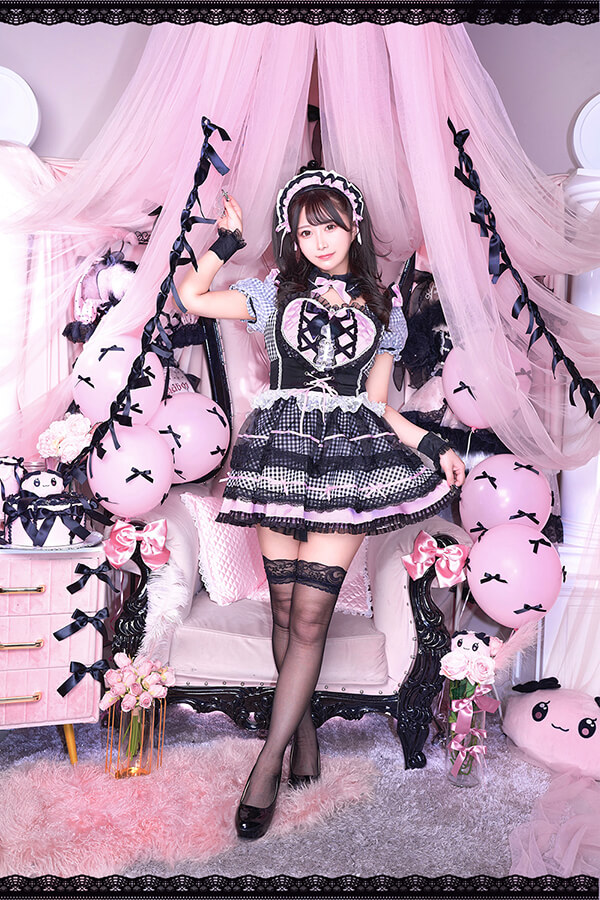 【即日発送】【舞々悪魔×Malymoon】スイートデビルギンガムハートメイドドレス《ハロウィンコスプレ6点セット》【Malymoon/マリームーン】【10018】