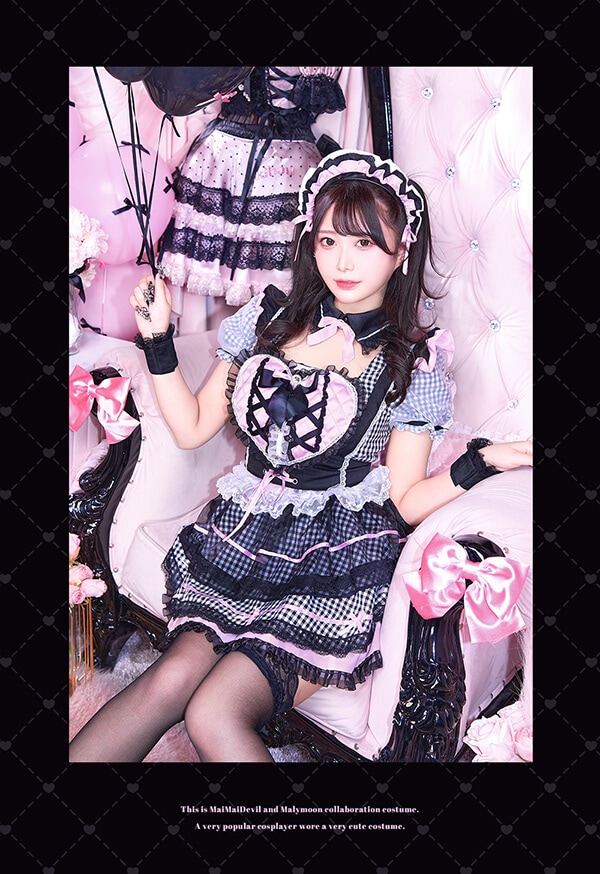 【即日発送】【舞々悪魔×Malymoon】スイートデビルギンガムハートメイドドレス《ハロウィンコスプレ6点セット》【Malymoon/マリームーン】【10018】