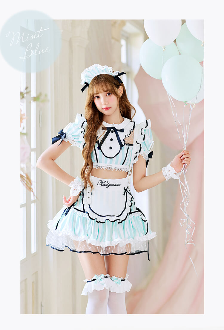【予約】パステルフルールストライプメイド《オリジナルコスプレ8点セット》【Malymoon/マリームーン】【10222-2】