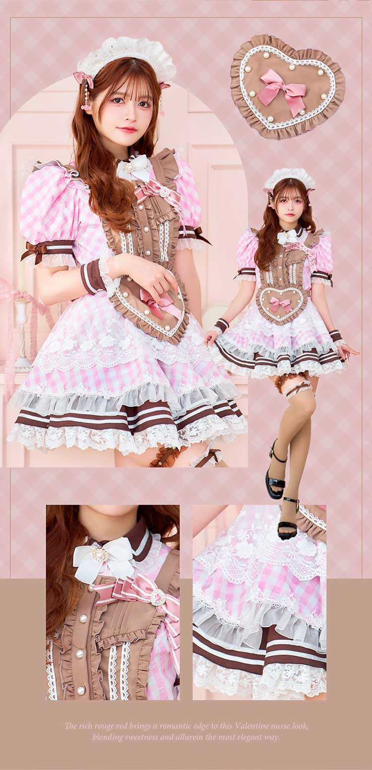 【即日発送】【景井ひな着用】ピンクチョコレートギンガムメイド《バレンタインコスプレ12点セット》【Malymoon/マリームーン】【CS25161】
