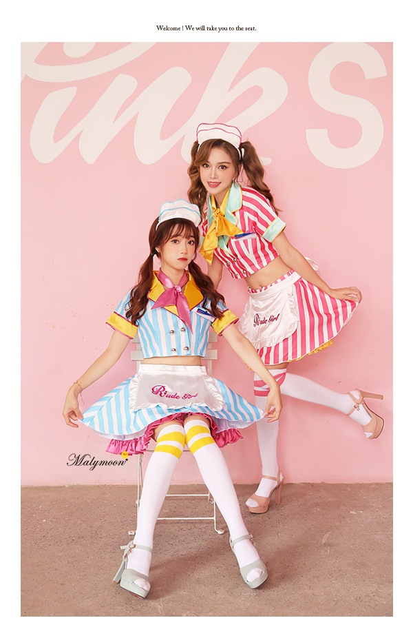 【即日発送】アメリカンストライプウェイトレス《ハロウィンコスプレ8点セット》【Malymoon/マリームーン】【7019-3】