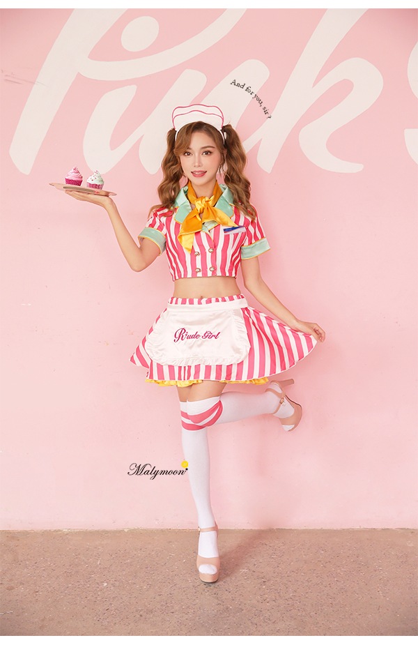 【即日発送】アメリカンストライプウェイトレス《ハロウィンコスプレ8点セット》【Malymoon/マリームーン】【7019-3】