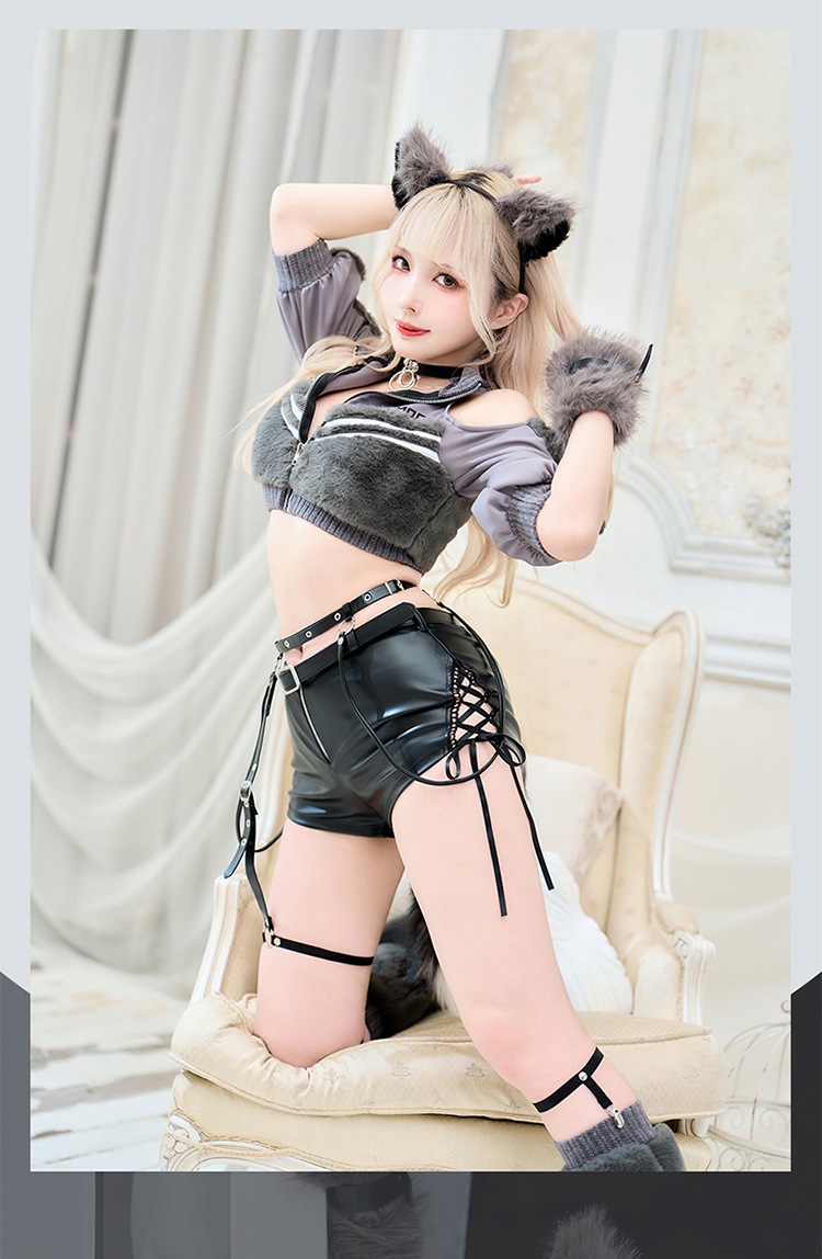 【グレーは予約】セクシーサイドクロスレザーウルフ《ハロウィンコスプレ11点セット》【Malymoon/マリームーン】【CS25114】