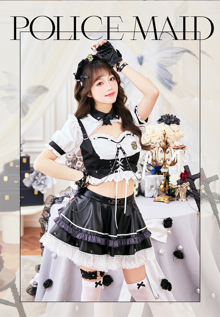 【即日発送】フリリーレザーポリスメイド《ハロウィンコスプレ8点セット》【Malymoon/マリームーン】【CS-25-10354】