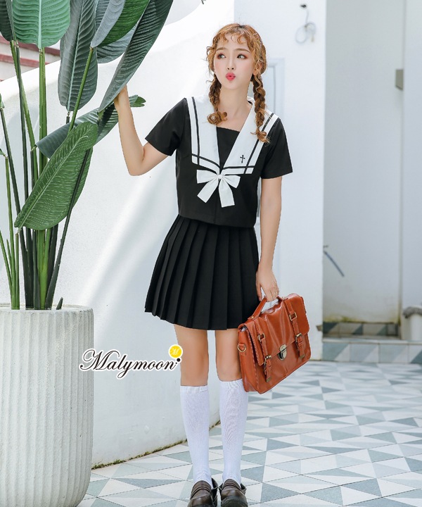 【odr】JK制服/半袖セーラー服女子高生(ブラック)《ハロウィンコスプレ3点セット》【Malymoon/マリームーン】【odr6730】