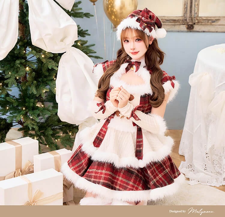 【MLサイズは予約】ミルキーニットダッフルチェックサンタ《クリスマスコスプレ7点セット》【Malymoon/マリームーン】【CS25056】