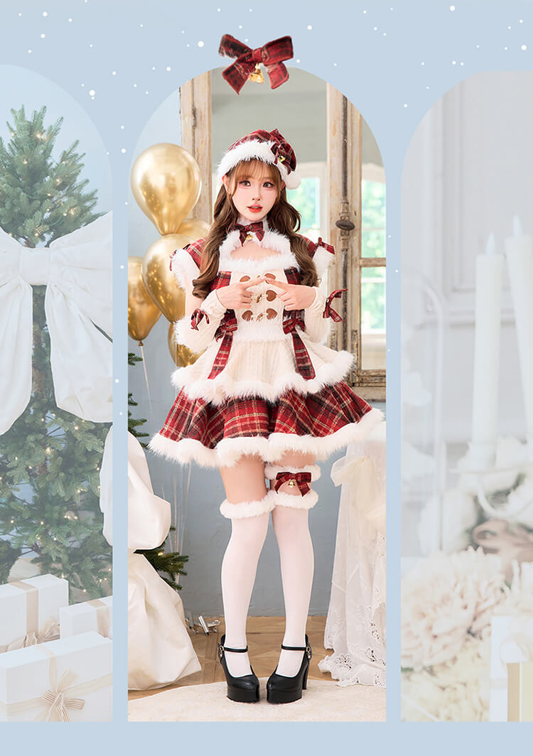 【MLサイズは予約】ミルキーニットダッフルチェックサンタ《クリスマスコスプレ7点セット》【Malymoon/マリームーン】【CS25056】