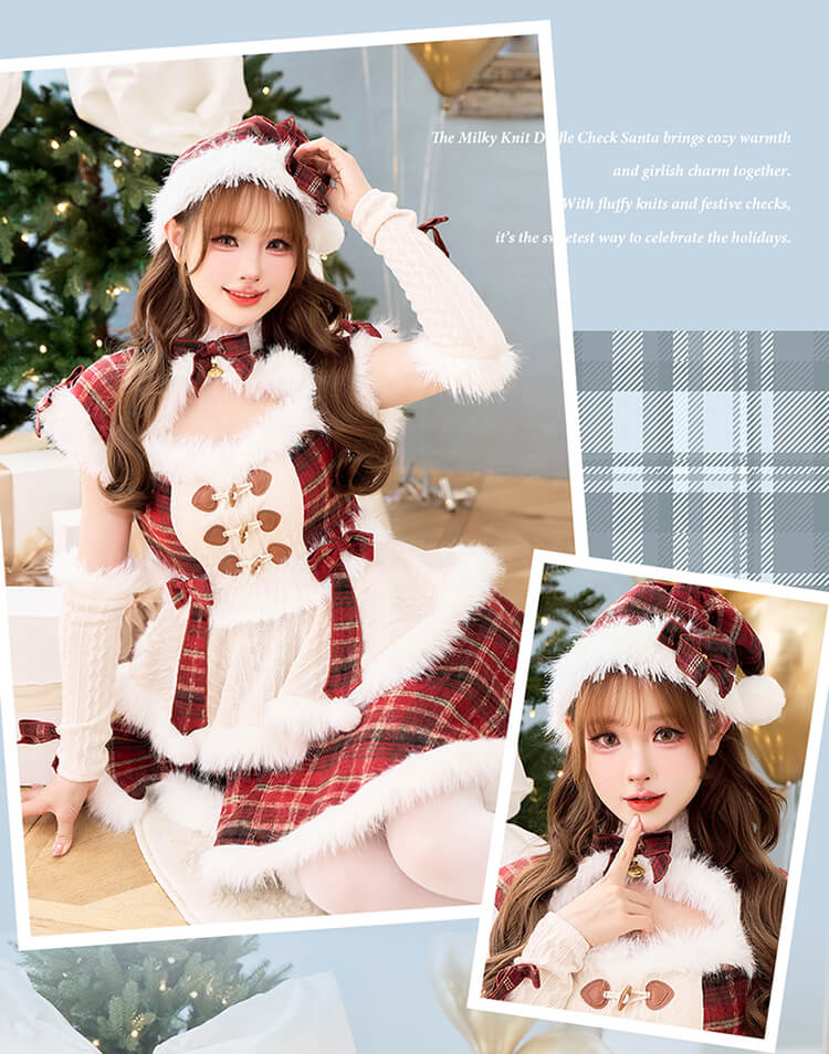 【MLサイズは予約】ミルキーニットダッフルチェックサンタ《クリスマスコスプレ7点セット》【Malymoon/マリームーン】【CS25056】