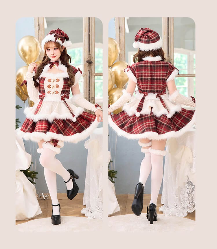 【MLサイズは予約】ミルキーニットダッフルチェックサンタ《クリスマスコスプレ7点セット》【Malymoon/マリームーン】【CS25056】