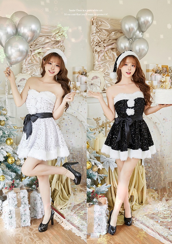 【即日発送】サンタクロース ホワイト ブラック（スパンコールワンピース）《クリスマスコスプレ3点セット》【Malymoon/マリームーン】【450052-2】