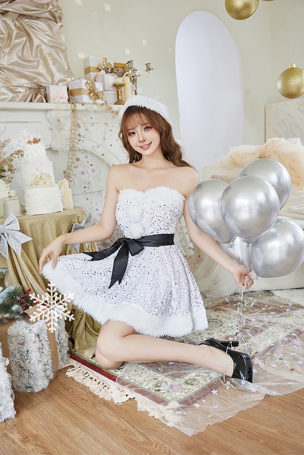 【即日発送】サンタクロース ホワイト ブラック（スパンコールワンピース）《クリスマスコスプレ3点セット》【Malymoon/マリームーン】【450052-2】