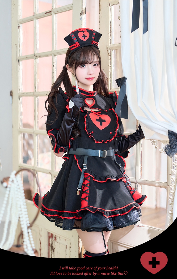 【予約-8月下旬頃より順次発送予定】【藤咲凪着用】ハートシリンジブラックナース《ハロウィンコスプレ9点セット》【Malymoon/マリームーン】【CS25031】