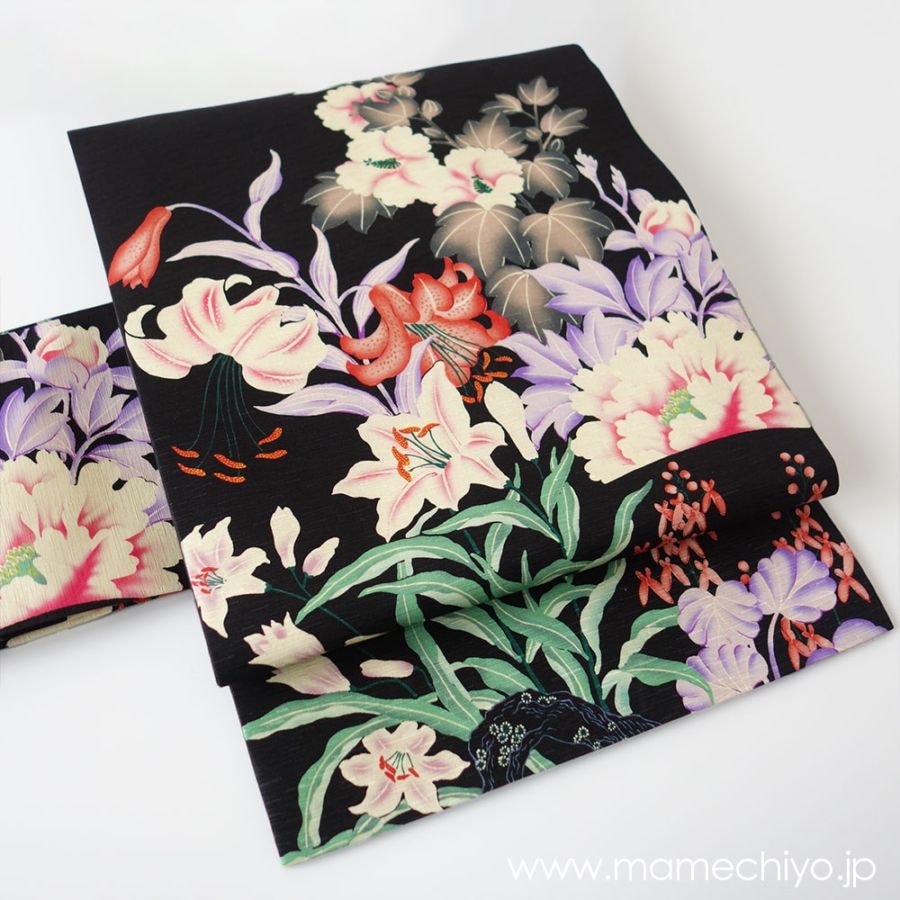 【新品未使用】大人気！豆千代モダン名古屋帯 花宴　紫 再入荷【2025新作】名古屋帯 夜の庭