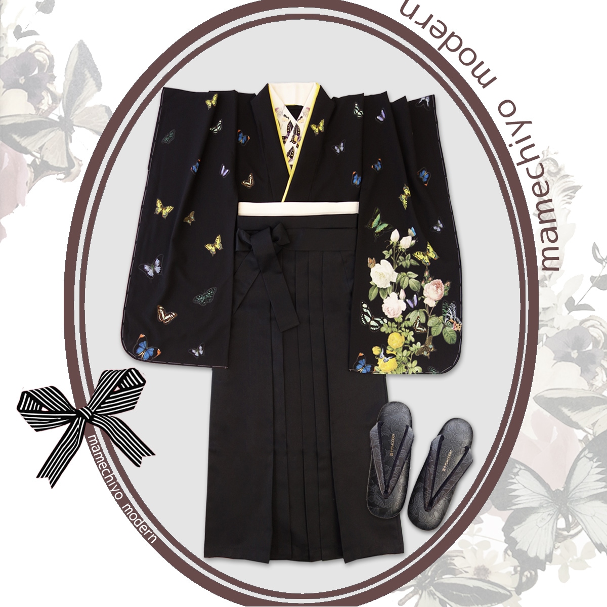 受注会】二尺袖 薔薇と蝶のワルツ（黒）