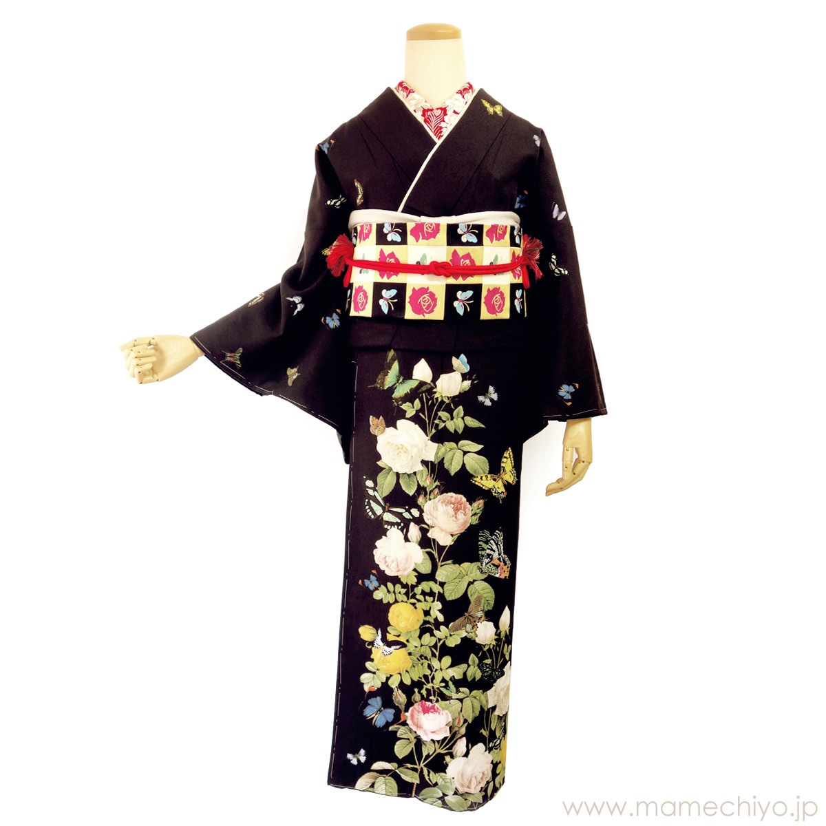 受注会】二尺袖 薔薇と蝶のワルツ（黒）