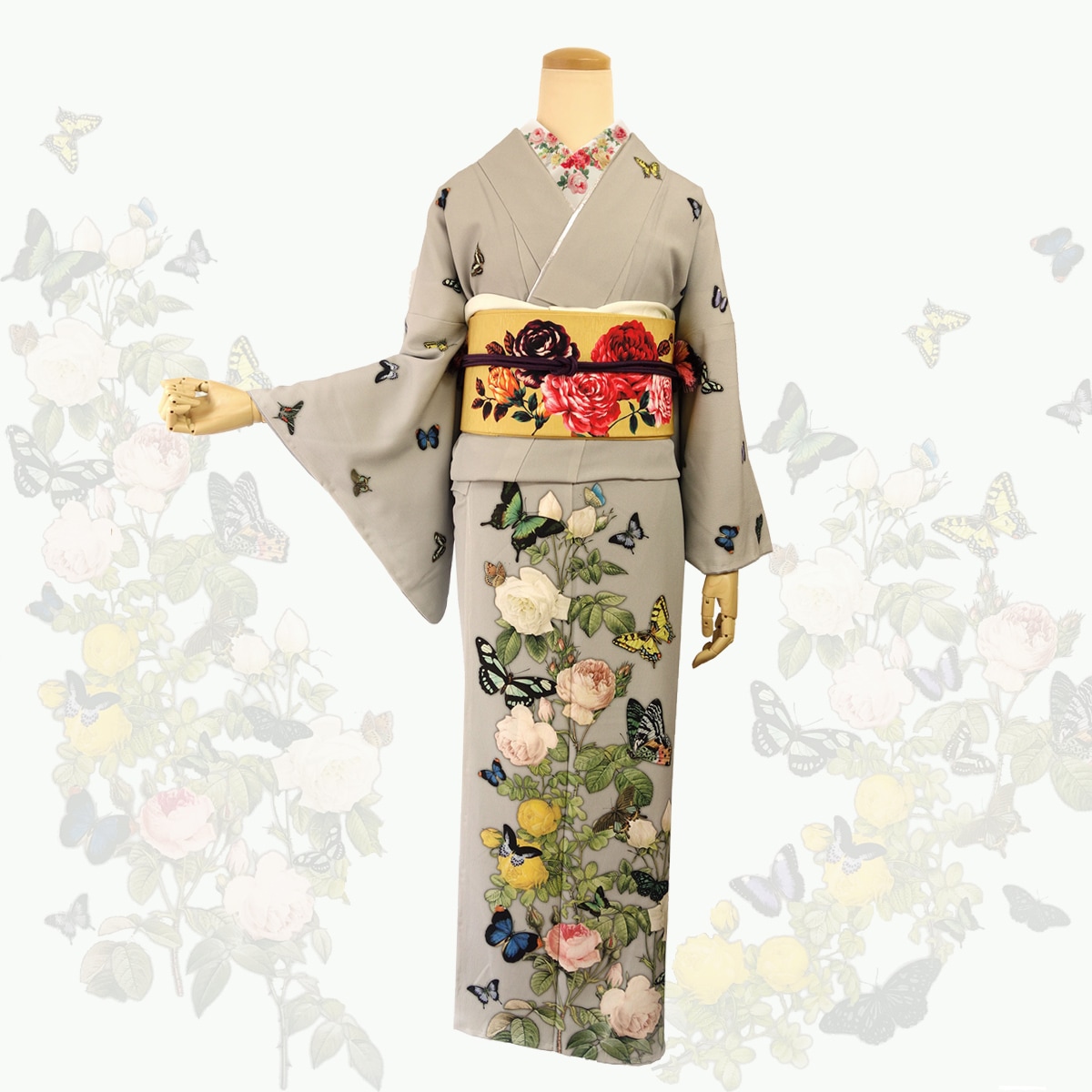 グレー 蝶刺繍 訪問着染色作家絞り舞蝶文着丈158cm裄丈67cm正絹