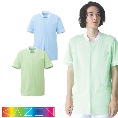 ジャケット 白衣 ケーシー 横掛 777 KAZEN カゼン 医療 治療 襟なし メンズ 男性用 半袖 医者 看護師 ナース 医療用 病院 動物病院 作業療法 人気 上衣 医務衣 診察衣 ニット 清涼感 かっこいい おしゃれ おすすめ 通販