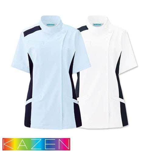 ケーシー ジャケット 084-21・28 チュニック KAZEN カゼン 横掛 半袖 襟なし レディース 女性用 制菌 制電 吸汗 防汚 看護 介護 病院 整骨院 ナースウェア 白衣 医師 医者 看護師 ナース 医療 おしゃれ 可愛い かわいい MEDICAL