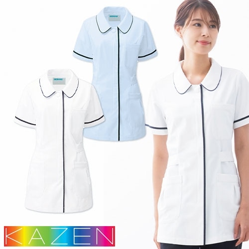 ジャケット 白衣 ケーシー 横掛 086 KAZEN カゼン 医療 治療 襟なし レディース 女性用 半袖 医師 医者 看護師 ナース 医療用 病院 整体 作業療法 人気 上衣 医務衣 ポケット 可愛い かわいい おしゃれ おすすめ 通販 メディカル 公式 ウェア