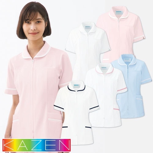 ジャケット 白衣 ケーシー 横掛 101 KAZEN カゼン 医療 治療 襟なし レディース 女性用 半袖 医師 医者 看護師 ナース 技師 医療用 病院 作業療法 人気 医務衣 診察衣 制電 ラウンドカラー 可愛い かわいい おしゃれ おすすめ 公式 ウェア