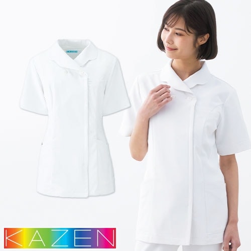 ジャケット 白衣 ケーシー 横掛 104-20 KAZEN カゼン 医療 治療 襟なし レディース 女性用 半袖 医師 医者 看護師 ナース 医療用 病院 外科 作業療法 人気 ストレッチ 伸縮性 可愛い かわいい おしゃれ おすすめ 通販 メディカル 公式 ウェア