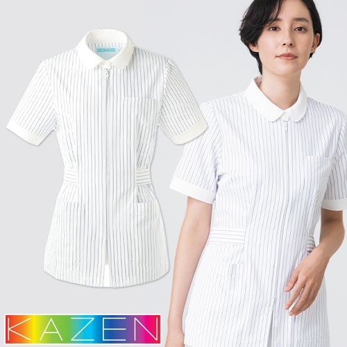 ジャケット 白衣 ケーシー 横掛 149-91 KAZEN カゼン 医療 治療 襟なし レディース 女性用 半袖 医師 医者 看護師 ナース 医療用 病院 動物病院 人気 上衣 医務衣 診察衣 ストライプ 動きやすい 可愛い かわいい おしゃれ 公式 ウェア