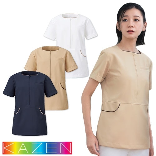 レディス プルオーバー チュニック 白衣 KZN312 KAZEN カゼン 半袖 看護師 ナース ナース服 医療用 制服 ユニフォーム かわいい 可愛い 病院 エステ サロン 人気 ペプラム 無地 おしゃれ 快適 制電 公式 ウェア