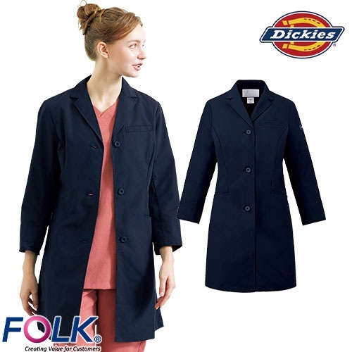 ドクターコート 白衣 2538NP レディスシングルコート ディッキーズ Dickies FOLK レディース 女性用 長袖 ロング丈 医師 病院 エステ 薬剤師 医療用 制服 ユニフォーム ボタン カジュアル おしゃれ かわいい 可愛い おすすめ