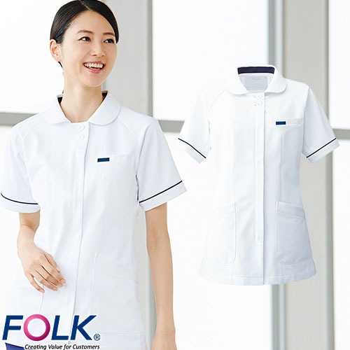 チュニック 白衣 2014CR 看護師 ナース ナース服 FOLK フォーク 半袖 レディース 女性用 医療用 ショート丈 短め かわいい 可愛い 人気 病院 エステ 受付 介護 上品 前開き 襟付き おしゃれ 動きやすい