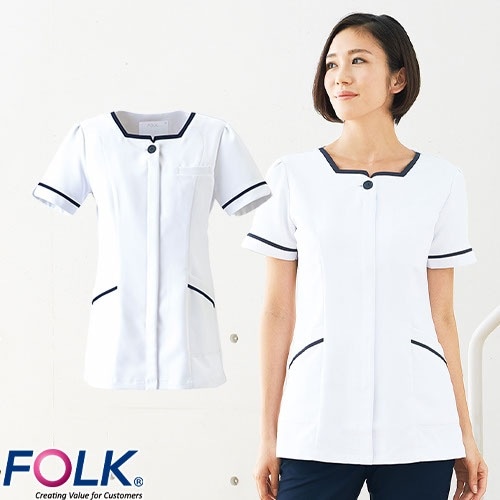 チュニック 白衣 2016EW 看護師 ナース ナース服 FOLK フォーク 半袖 レディース 女性用 医療用 ショート丈 短め 膝上 かわいい 可愛い 人気 病院 エステ 受付 介護 オフィス 上品 おしゃれ 動きやすい