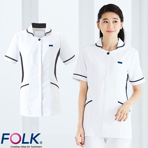 チュニック 白衣 2017EW 看護師 ナース ナース服 FOLK フォーク 半袖 レディース 女性用 医療用 ショート丈 短め 膝上 かわいい 可愛い 人気 病院 エステ 受付 介護 ファスナー 襟付き おしゃれ 動きやすい