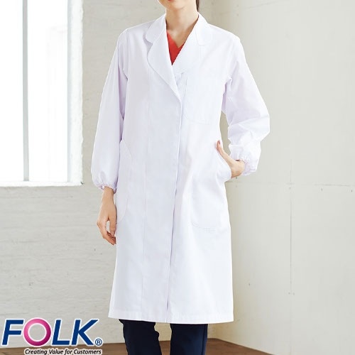 ドクターコート 白衣 2502-1A 女子医療衣 長袖 FOLK フォーク レディース 女性用 ロング丈 ウィメンズ 医者 女医 病院 看護師 薬剤師 薬局 エステ 医療用 制服 ユニフォーム 名入れ おしゃれ かわいい 可愛い 動きやすい おすすめ